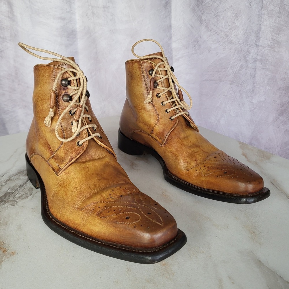 Stefano Branchini Italy Tan Patina Leather Lace Up Chisel Toe Dress Boots Size 8